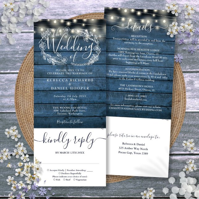 Invitación Luces de Cuerda de Madera Rústica Azul Todo en Uno (Blue Rustic Wood String Lights All In One Wedding Invitation)