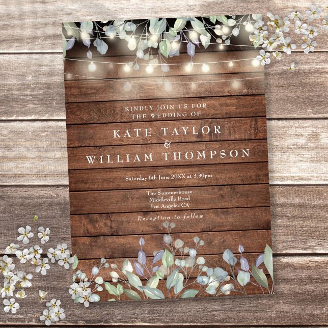 Invitación Luces de Cuerda de Madera Rústica Bodas Florales (Rustic Wood String Lights Greenery Floral Wedding Invitation)