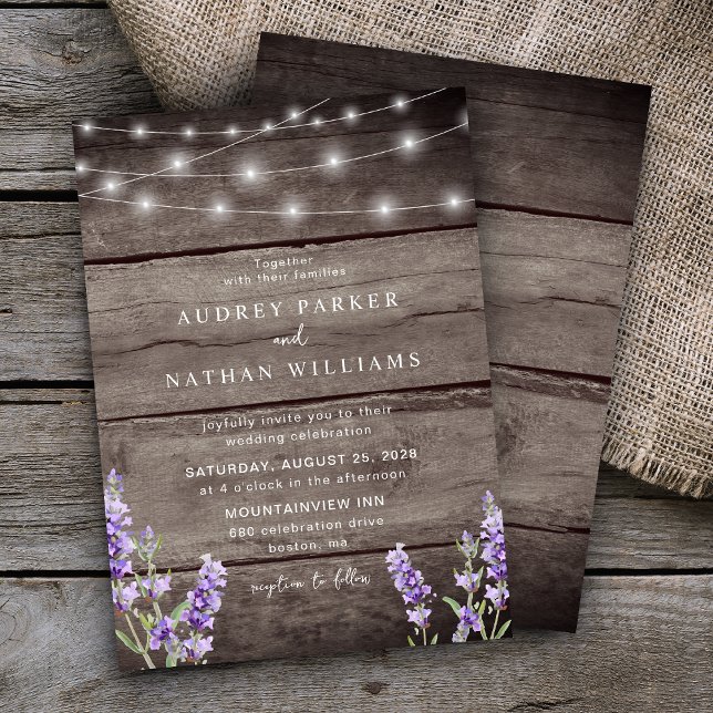Invitación Luces de Cuerda de Madera Rústica Bodas Lavanda (Subido por el creador)