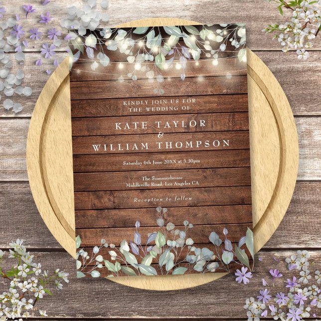 Invitación Luces de Cuerda de Madera Rústica Bodas Sage Lila  (Rustic Wood String Lights Sage Lilac Wedding Invitation)