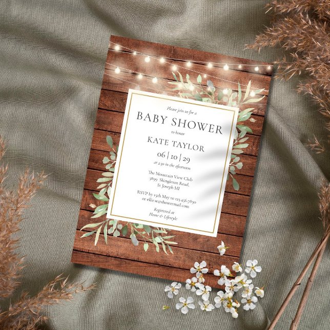 Invitación Luces de Cuerda de Madera Rústica con Verdor Showe (Subido por el creador)