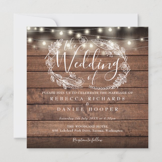 Invitación Luces de Cuerda de Madera Rústica Cuadrada Boda Fo (Anverso)