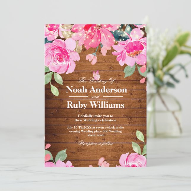 Invitación Luces de Cuerda de Madera Rústica de Boda Floral R (Anverso de pie)