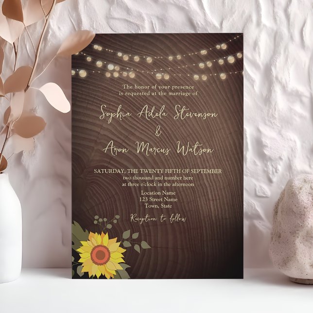 Invitación Luces de Cuerda de Madera Rústica de Girasol para  (Subido por el creador)