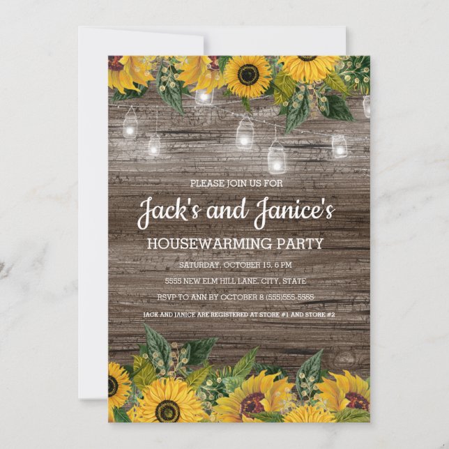 Invitación Luces de Cuerda de Madera Rústica de Girasoles par (Anverso)