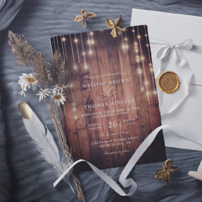 Invitación Luces de Cuerda de Madera Rústica Elegante Boda Có (Subido por el creador)