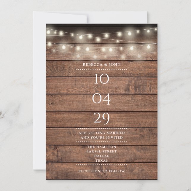 Invitación Luces de Cuerda de Madera Rústica Fecha de Boda (Anverso)