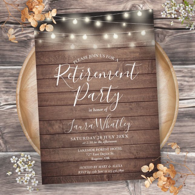 Invitación Luces de Cuerda de Madera Rústica Fiesta de Jubila (Rustic Wood String Lights Retirement Party Invitation)
