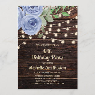 Invitación Luces de Cuerda de Madera Rústica Floral Azul Polv