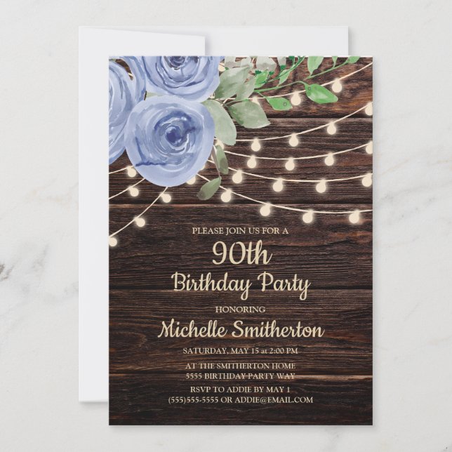 Invitación Luces de Cuerda de Madera Rústica Floral Azul Polv (Anverso)