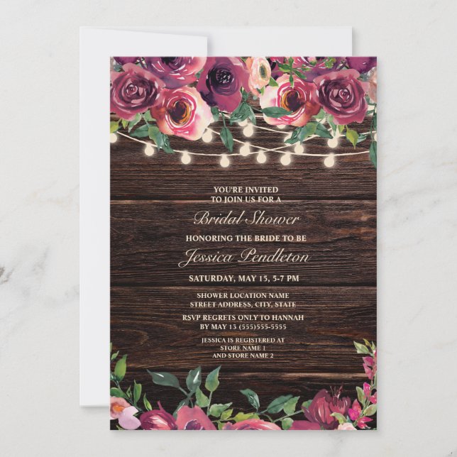 Invitación Luces de Cuerda de Madera Rústica Floral Burgundy  (Anverso)