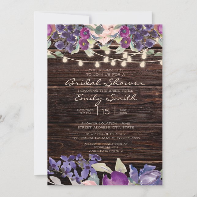 Invitación Luces de Cuerda de Madera Rústica Floral Nupcial P (Anverso)