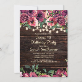 Invitación Luces de Cuerda de Madera Rústica Floral Púrpura S