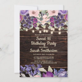 Invitación Luces de Cuerda de Madera Rústica Floral Púrpura S