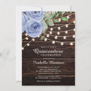 Invitación Luces de Cuerda de Madera Rústica Flores Azules Qu