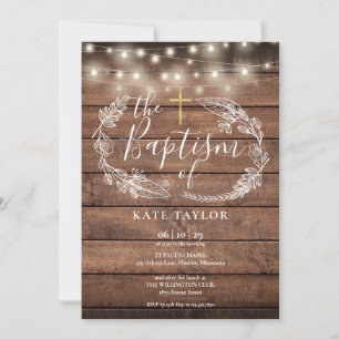 Invitación Luces de Cuerda de Madera Rústica Follaje Bautizo