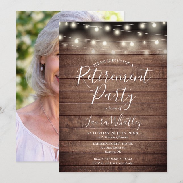 Invitación Luces de Cuerda de Madera Rústica Foto Fiesta de J (Anverso / Reverso)