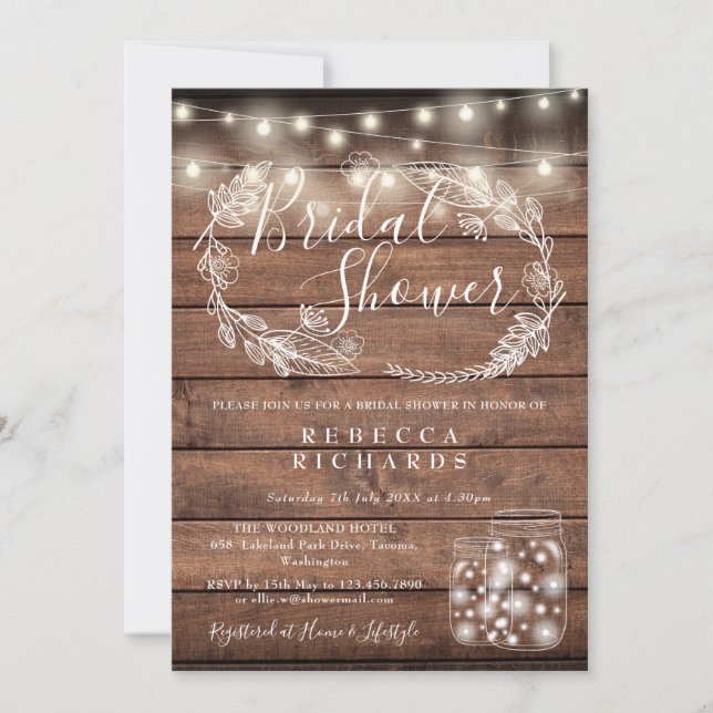 Invitación Luces de Cuerda de Madera Rústica Frascos de Mason (Anverso)