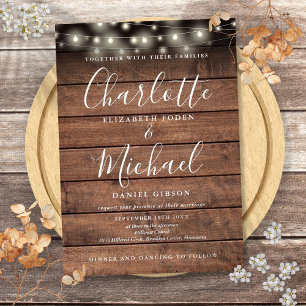 Invitación Luces de Cuerda de Madera Rústica Guión Boda