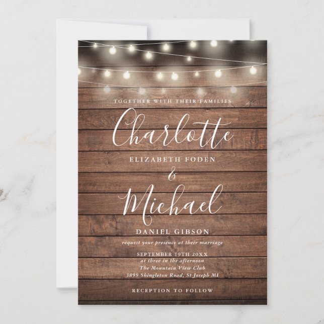 Invitación Luces de Cuerda de Madera Rústica Guión Boda (Anverso)
