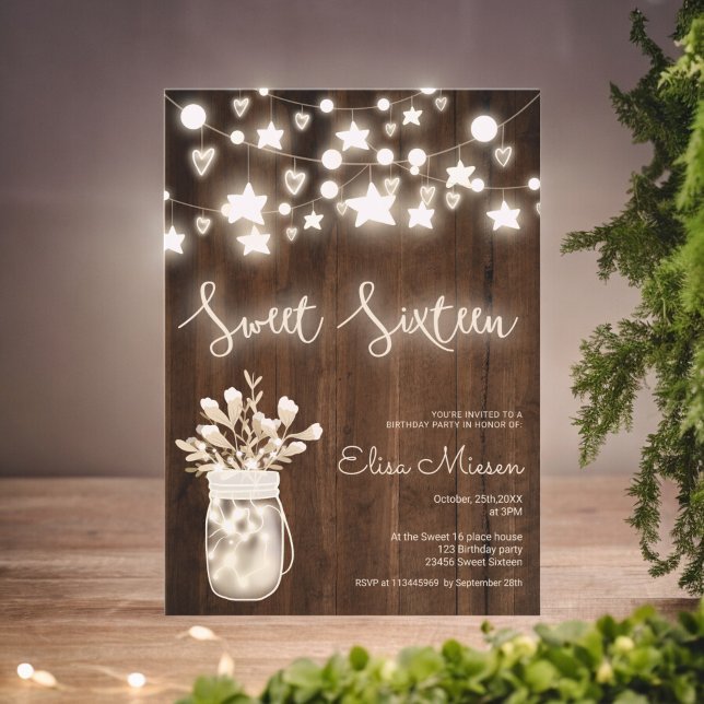 Invitación Luces de cuerda de madera rústica jarrón de máscar (Rustic wood string lights mason jar Sweet 16 Invitation)