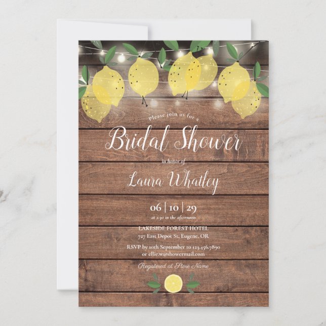 Invitación Luces de Cuerda de Madera Rústica Limones Despedid (Anverso)