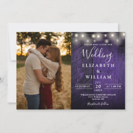 Invitación Luces de Cuerda de Madera Rústica Morada para Boda