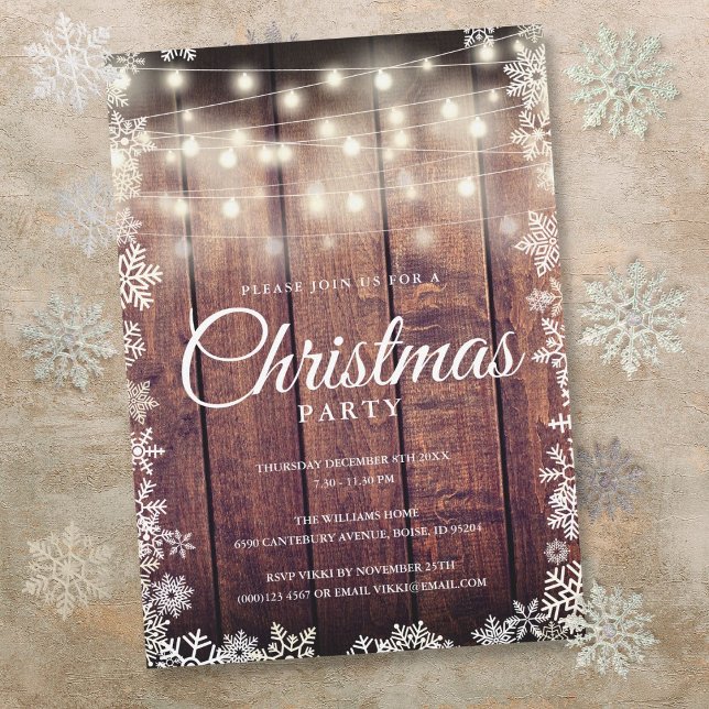 Invitación Luces de Cuerda de Madera Rústica Navidad Fiesta N (Rustic Wood String Lights Christmas Holiday Party Invitation)
