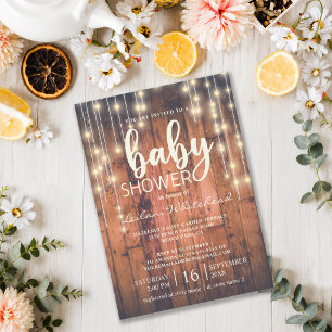 Invitación Luces de Cuerda de Madera Rústica para Baby Shower