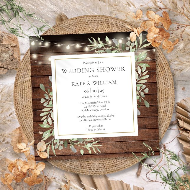 Invitación Luces de Cuerda de Madera Rústica para Boda con Ve (Rustic Wood String Lights Greenery Wedding Shower Invitation)