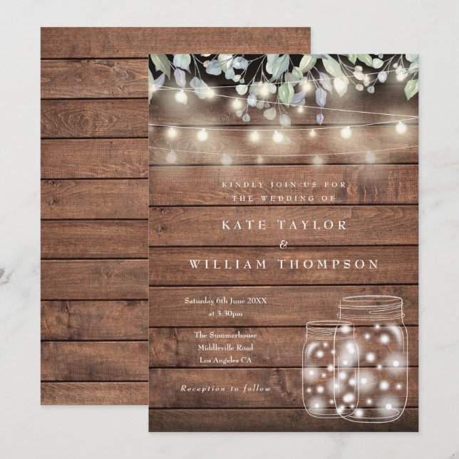 Invitación Luces de Cuerda de Madera Rústica para Boda en Tar (Anverso / Reverso)