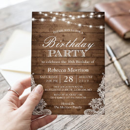 Invitación Luces de Cuerda de Madera Rústica para Cumpleaños
