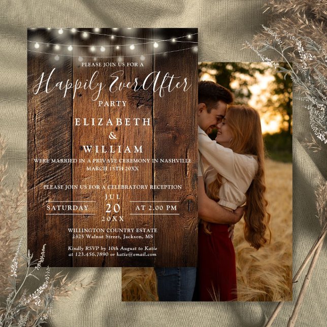 Invitación Luces de Cuerda de Madera Rústica para Foto Recepc (Rustic Wood String Lights Photo Wedding Reception Invitation)