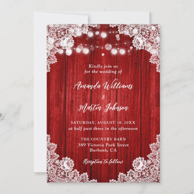 Invitación Luces de Cuerda de Madera Rústica Roja para Bodas  (Anverso)