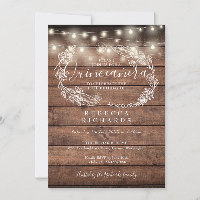 Invitación Luces de Cuerda de Madera Rústica Script Quinceañe (Anverso)