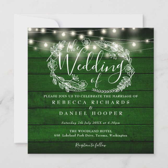Invitación Luces de Cuerda de Madera Rústica Verde Esmeralda  (Anverso)