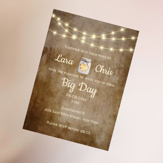 Invitación Luces de Cuerda de Madera Rústica y Boda en Tarro
