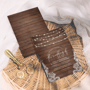 Invitación Luces de Cuerda de Madera Rústica y Lazo de Encaje