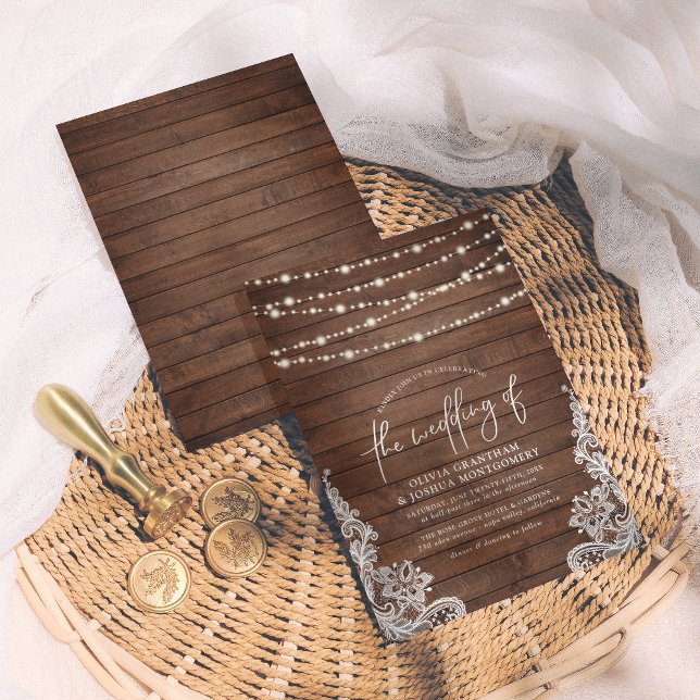 Invitación Luces de Cuerda de Madera Rústica y Lazo de Encaje (Subido por el creador)