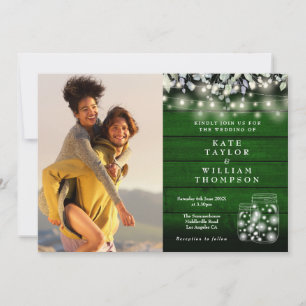 Invitación Luces de Cuerda de Madera Verde Frascos Flores Fot