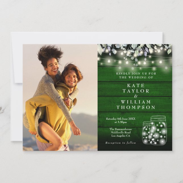 Invitación Luces de Cuerda de Madera Verde Frascos Flores Fot (Anverso)