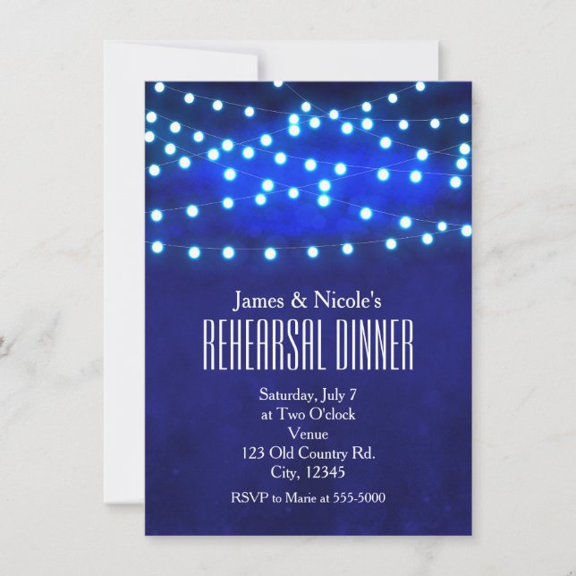 Invitación Luces de Cuerda de Noche Azul Rústico Cena de Ensa (Anverso)