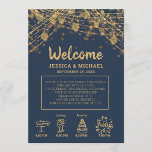 Invitación Luces de Cuerda de Oro Azul Marinho Itinerario de