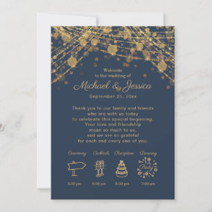 Invitación Luces de Cuerda de Oro Azul Marinho Itinerario de 