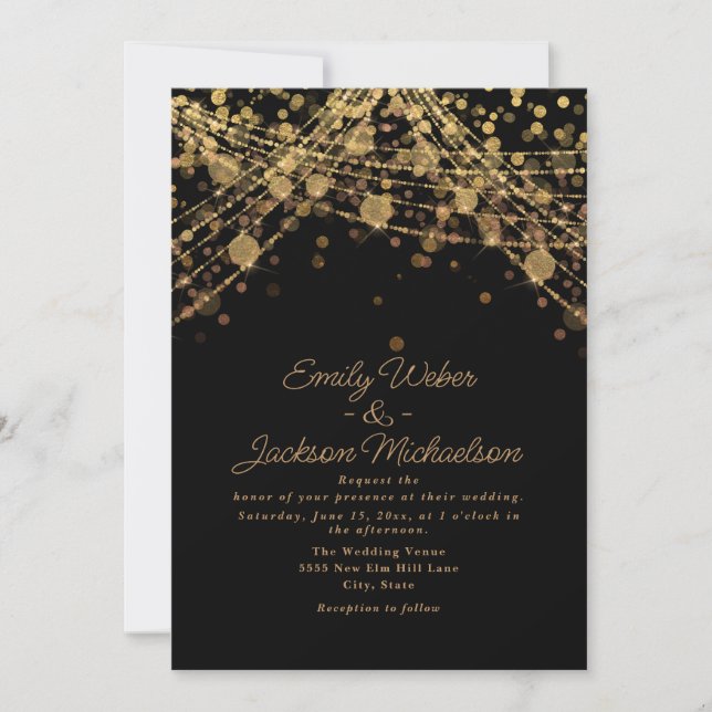 Invitación Luces de Cuerda de Oro Negro Boda (Anverso)