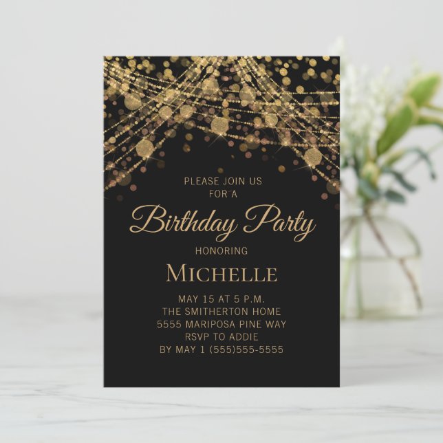 Invitación Luces de Cuerda de Oro Negro Cumpleaños de Mujer d (Anverso de pie)