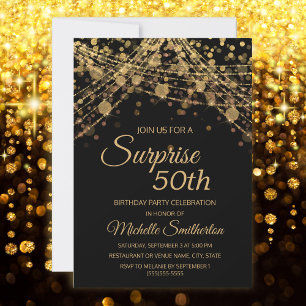 Invitación Luces de Cuerda de Oro Negro Sorpresa 50 Cumpleaño