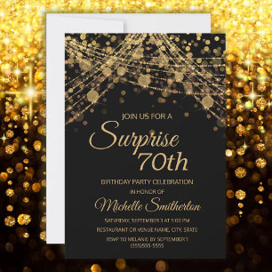 Invitación Luces de Cuerda de Oro Negro Sorpresa 70 Cumpleaño