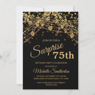 Invitación Luces de Cuerda de Oro Negro Sorpresa 75 Cumpleaño