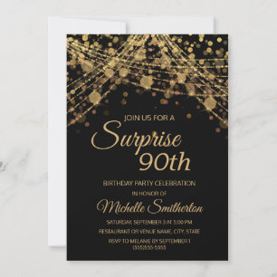 Invitación Luces de Cuerda de Oro Negro Sorpresa 90 Cumpleaño
